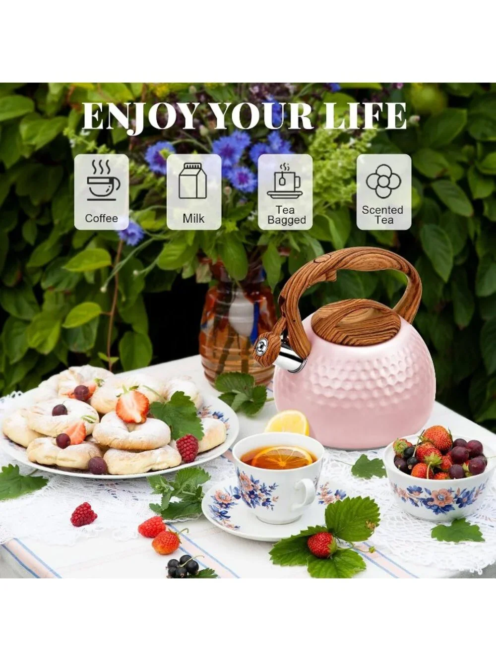 GGC 3.1QT Cute Pink Stainless Steel Whistling Tea Kettle For Kitchen Stove Top